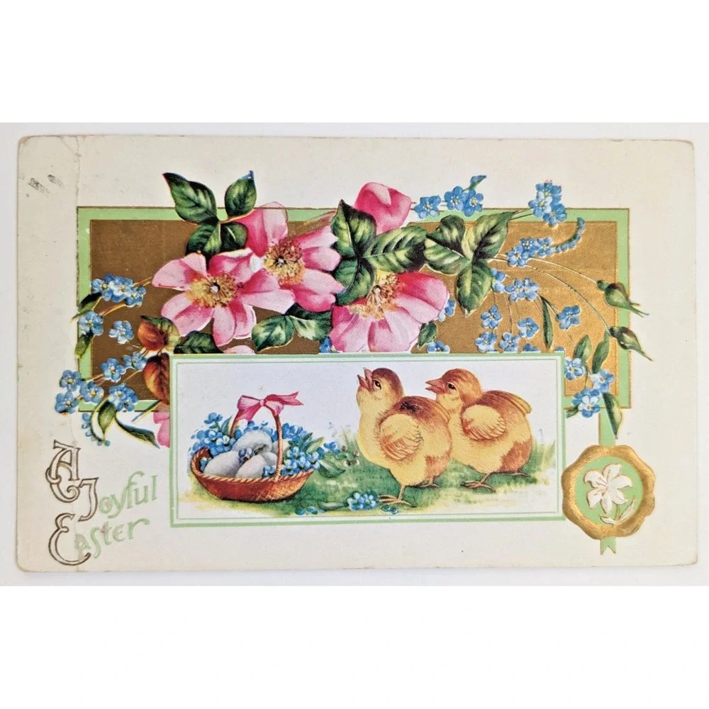 Antique c1910s Embossed Easter Postcard Chicks Eggs Forget-Me-Nots Gilded Border